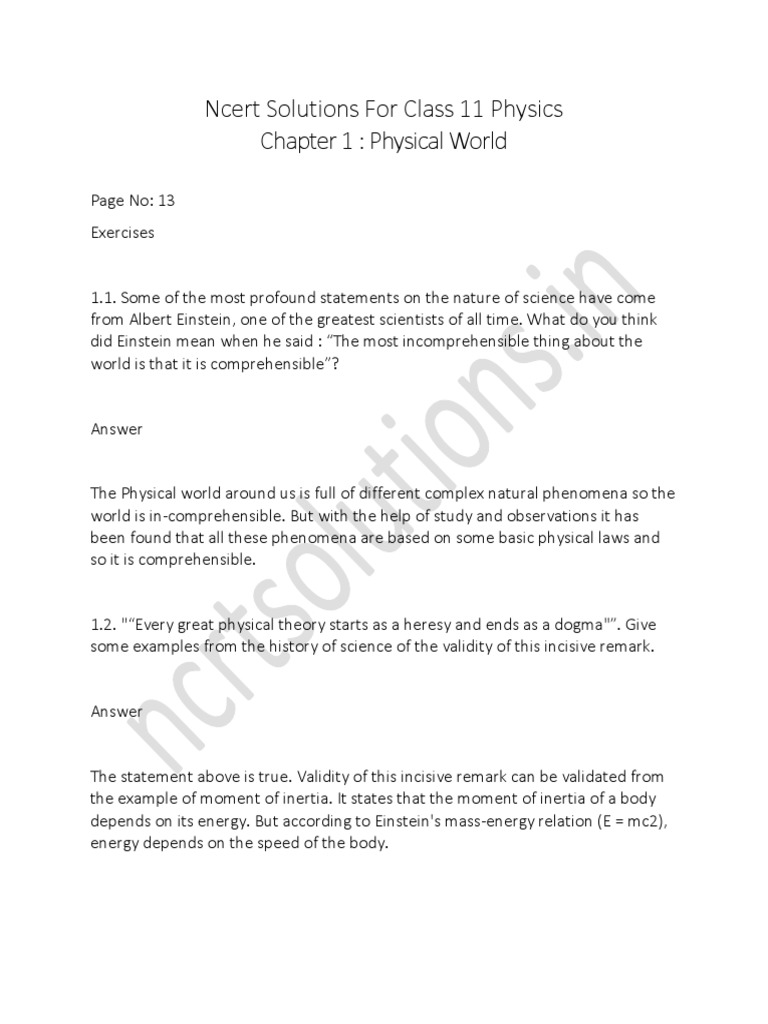 Class 11 Physics Chapter 1 Solutions | PDF | Science | Physics