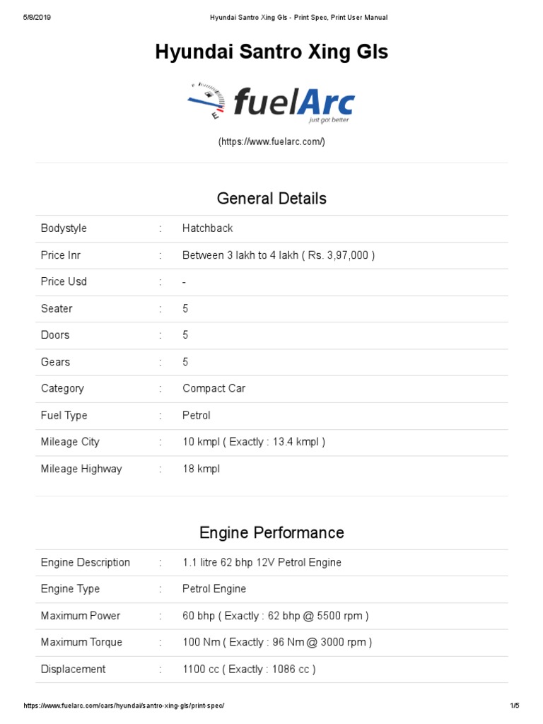 Hyundai Santro Xing Gls User Manual PDF Fuel Economy In
