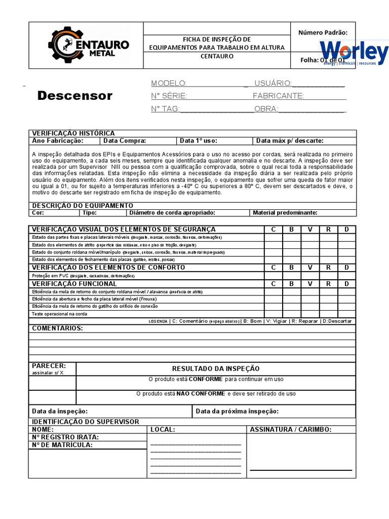 Ficha de Inspeção de Equipamento - Descensor | PDF | Vestir-se | Natureza