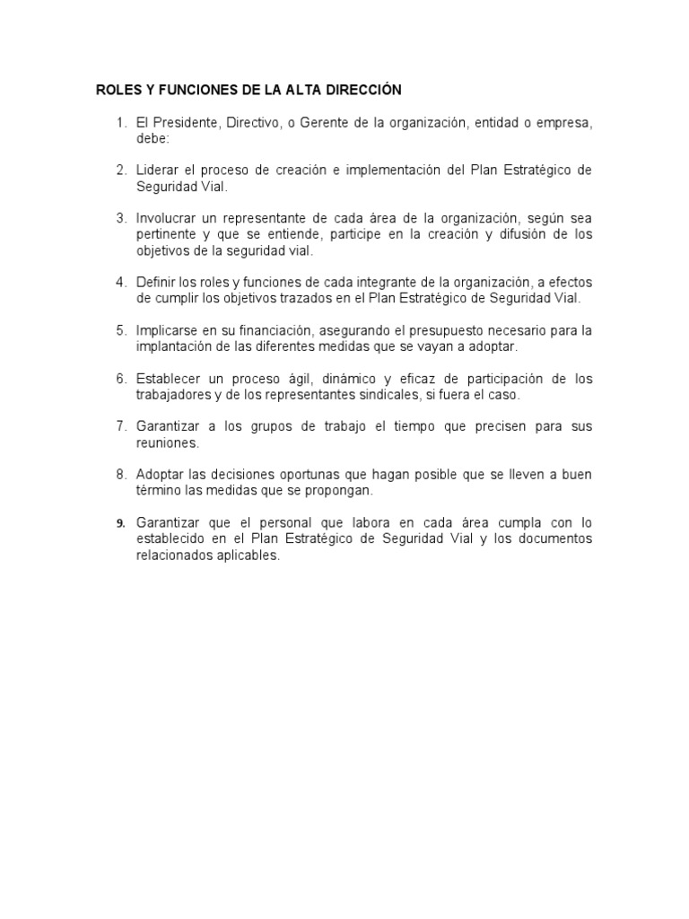 Roles de Alta Dirección en Seguridad Vial | PDF