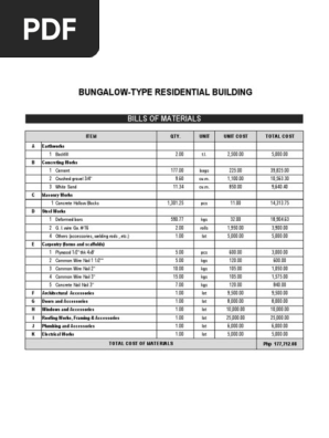 Bungalow House (Bill of Materials) | PDF | Home &amp; Garden