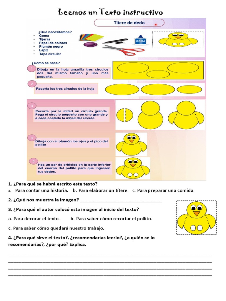 Instrucciones para hacer un títere de pollito | PDF | Artes del ...