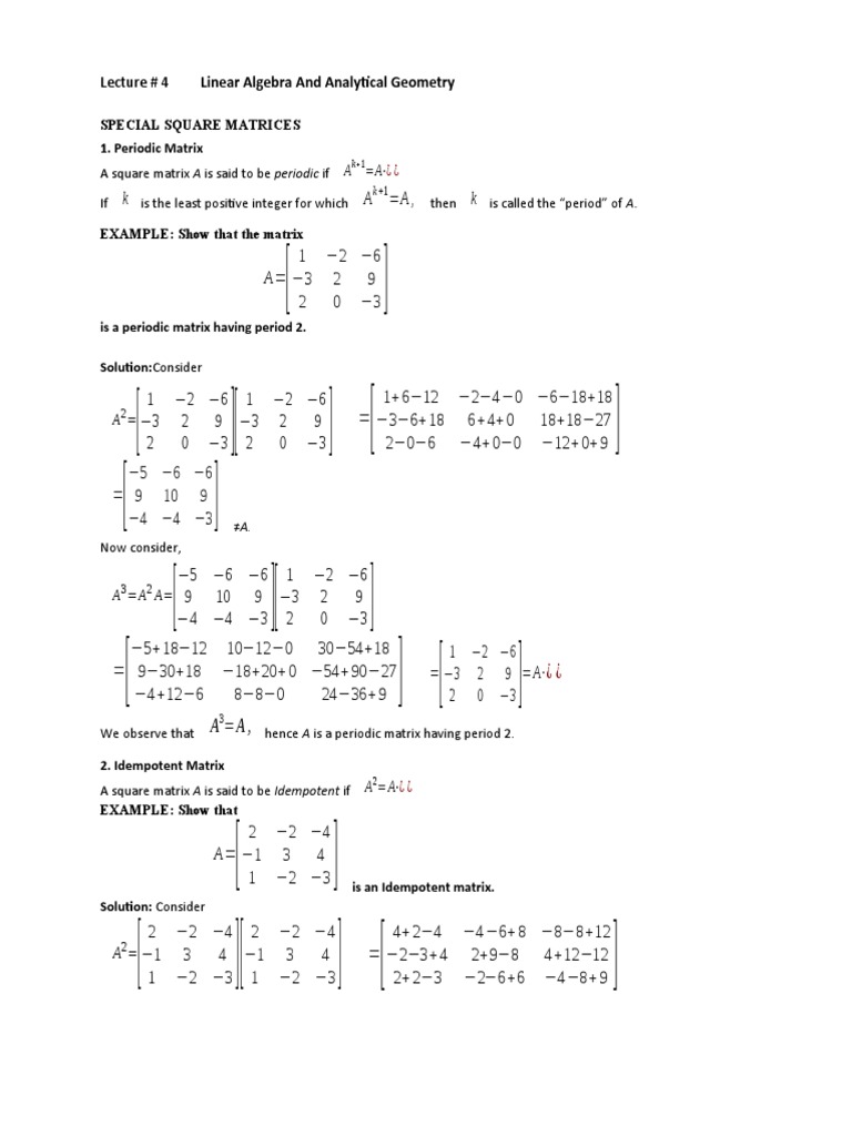 Involutory, Idempotent, Nilpotent Matrices | PDF | Matrix (Mathematics ...
