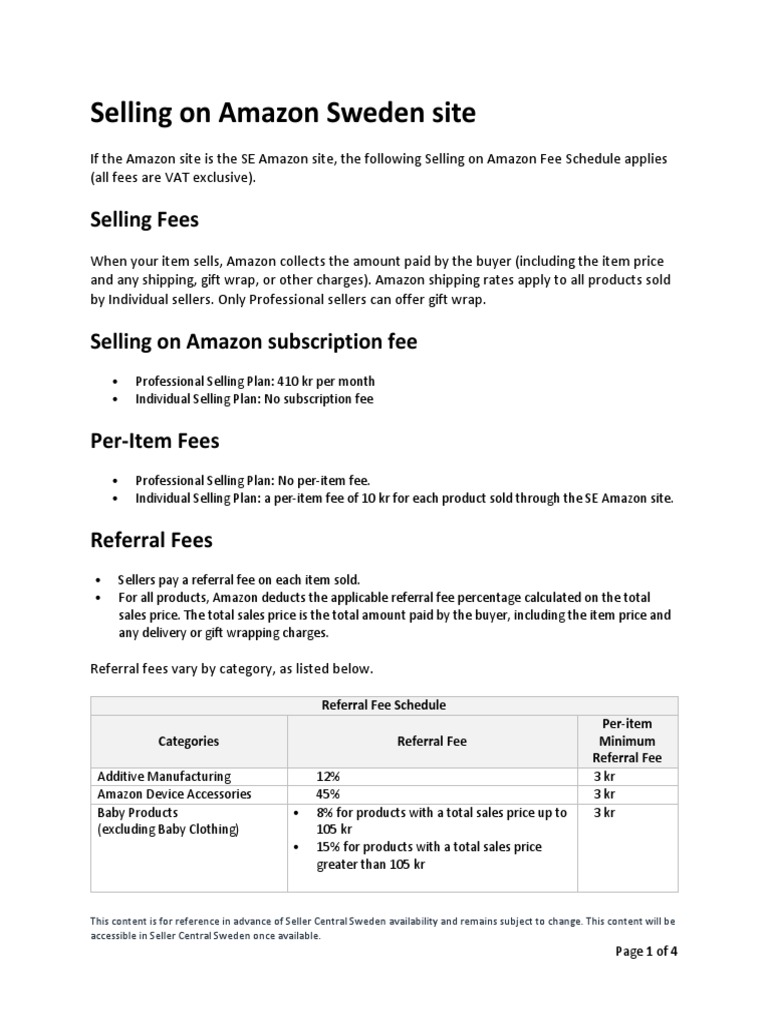 Selling On Amazon Sweden Site PDF Fee Subscription Business Model