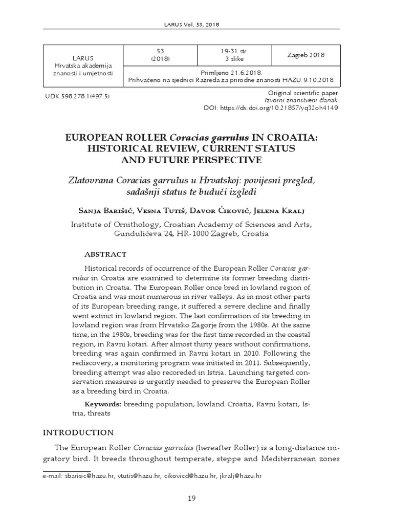 Barisic Et Al 18 European Roller Coracias Garrulus In Croatia Hist Pdf Croatia Birds