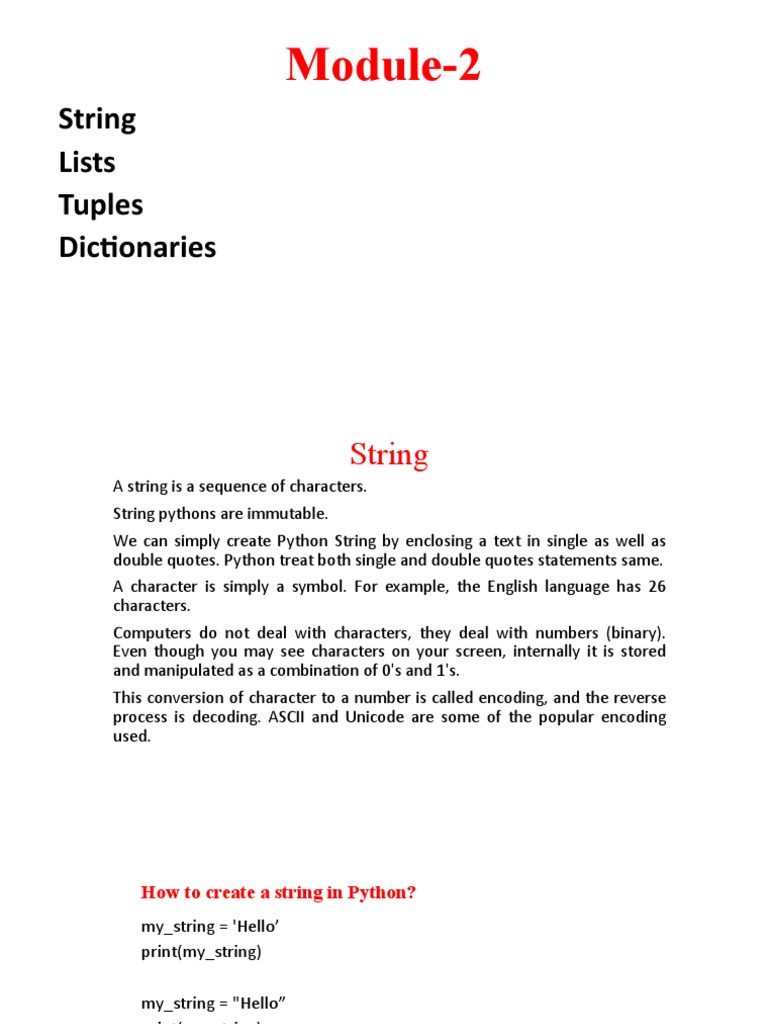 String Lists Tuples Dictionaries Module2 PDF Mean Mode (Statistics)