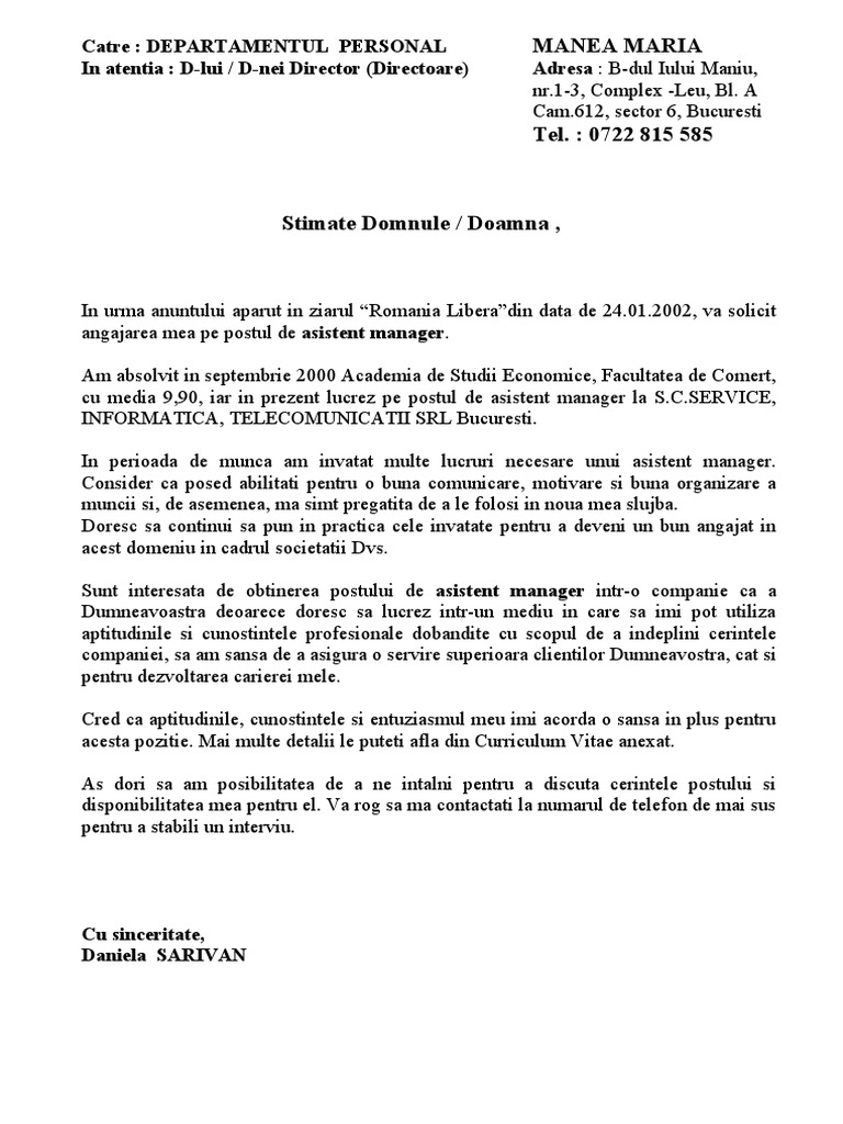 Model scrisoare de intentie