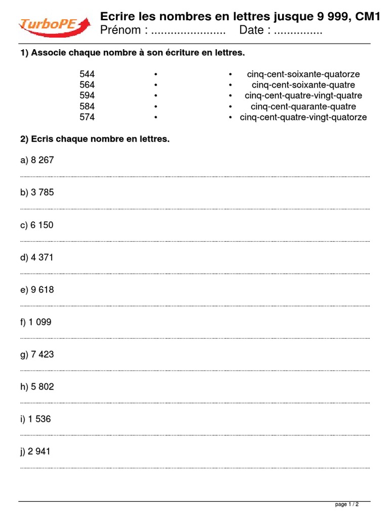 écrire Les Nombres En Lettres Ce2 Fiche Ecrire Les Nombres en Lettres Jusque 9 999 cm1 hv93DwHP | PDF