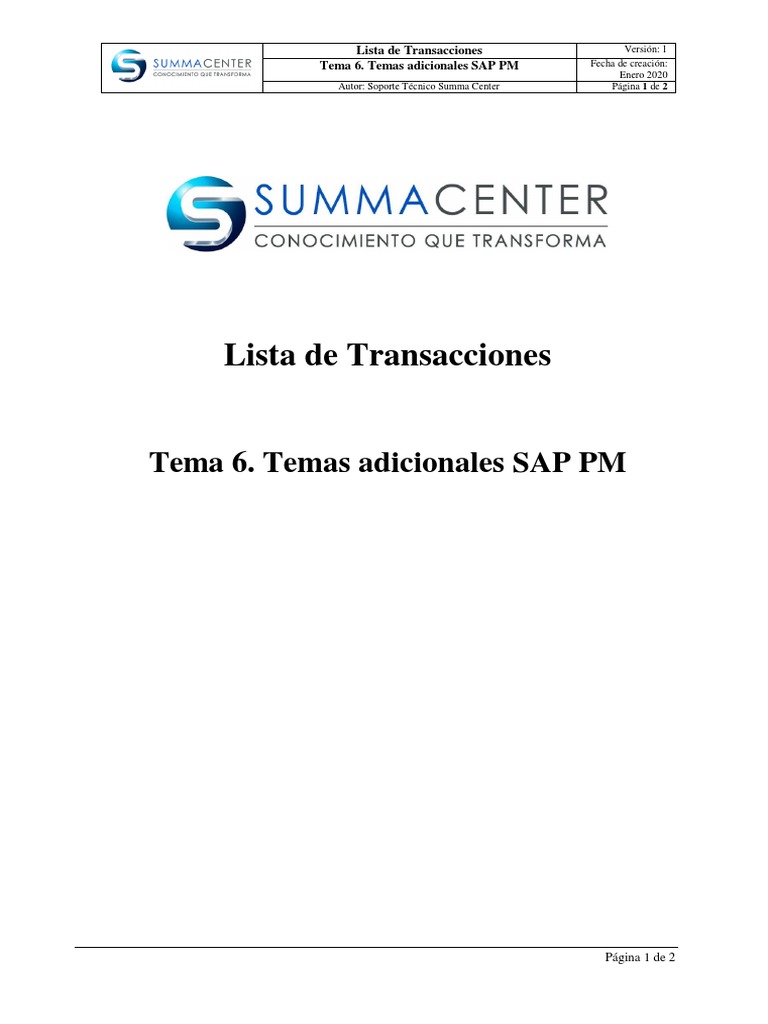 Principales Transacciones Tema 6 (Temas Adicionales SAP PM) | PDF