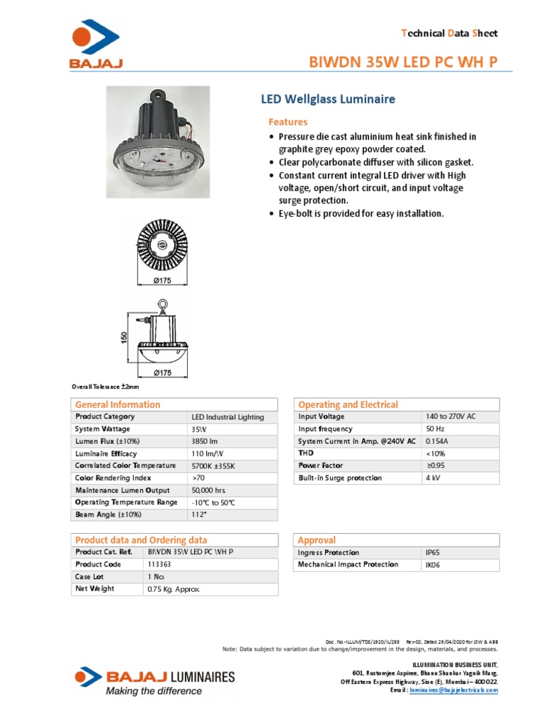 High Efficiency 35W LED Wellglass Luminaire for Industrial Lighting ...
