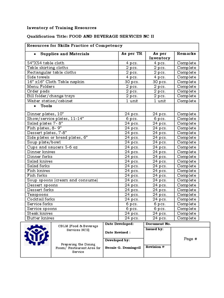 Training Inventory for F&B Services NC II | PDF | Spoon | Restaurants