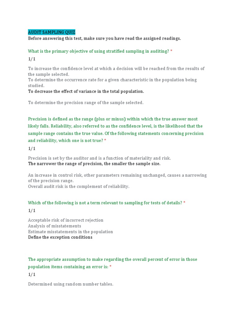 Audit Sampling Quiz PDF Audit Sampling (Statistics)