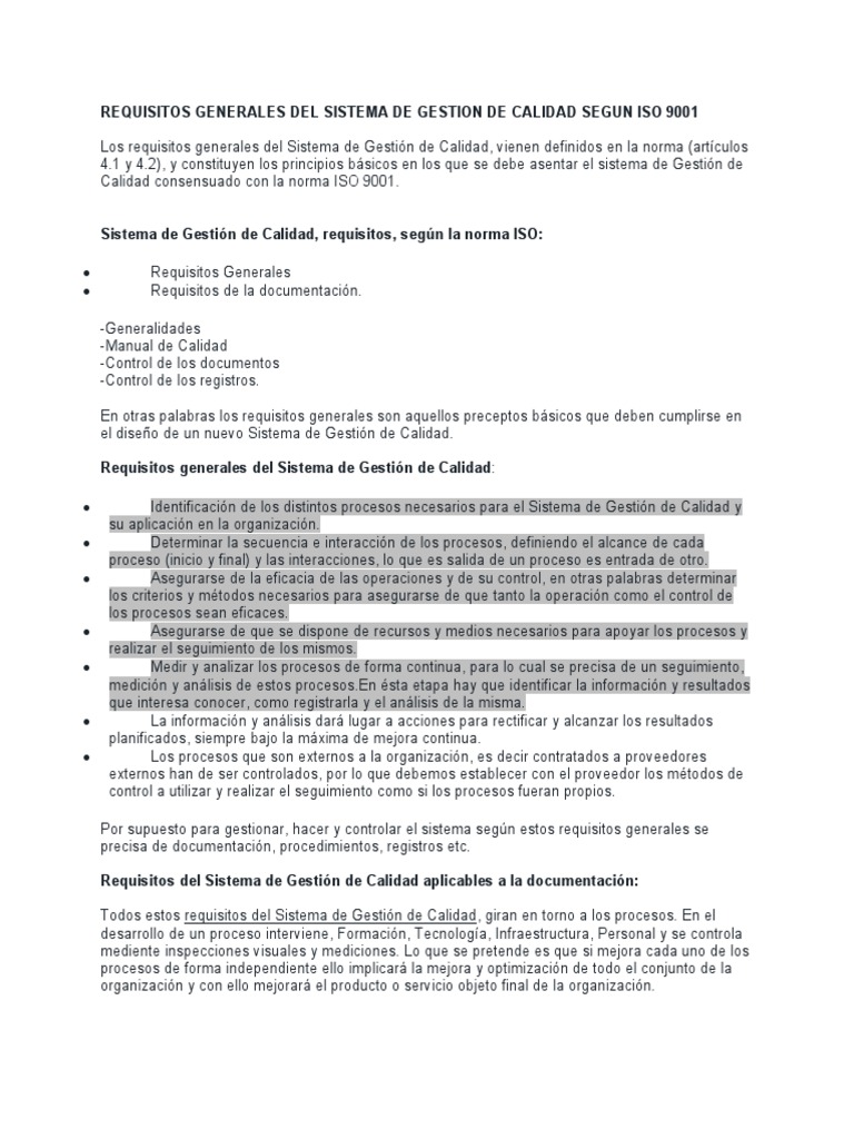 Requisitos Generales Del Sistema de Gestion de Calidad ISO 9001 | PDF ...