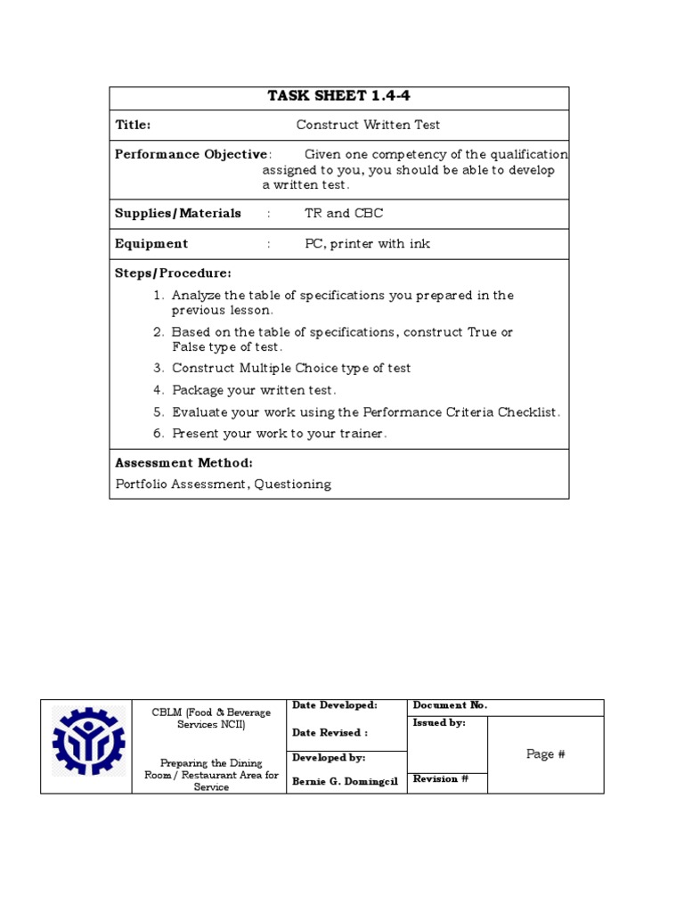 Task Sheet 1 4 4 Written Test Restaurants Tableware