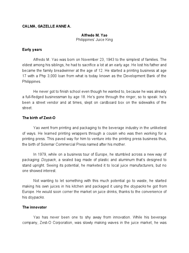 Calma, Gazelle Anne A. Alfredo M. Yao PDF Beverages Business