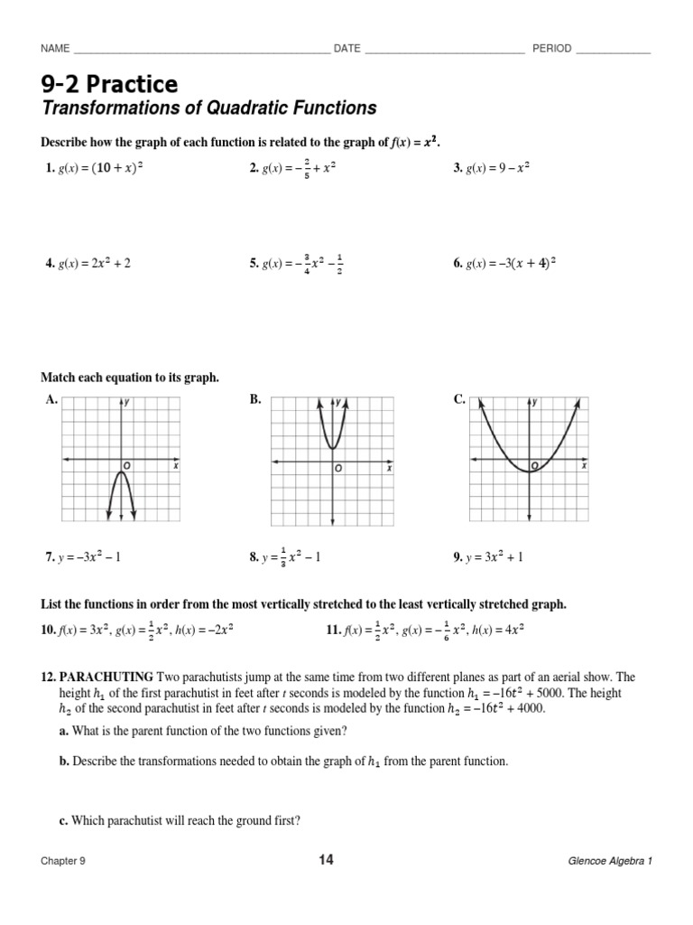 9-2 Practice: Transformations of Quadratic Functions | PDF