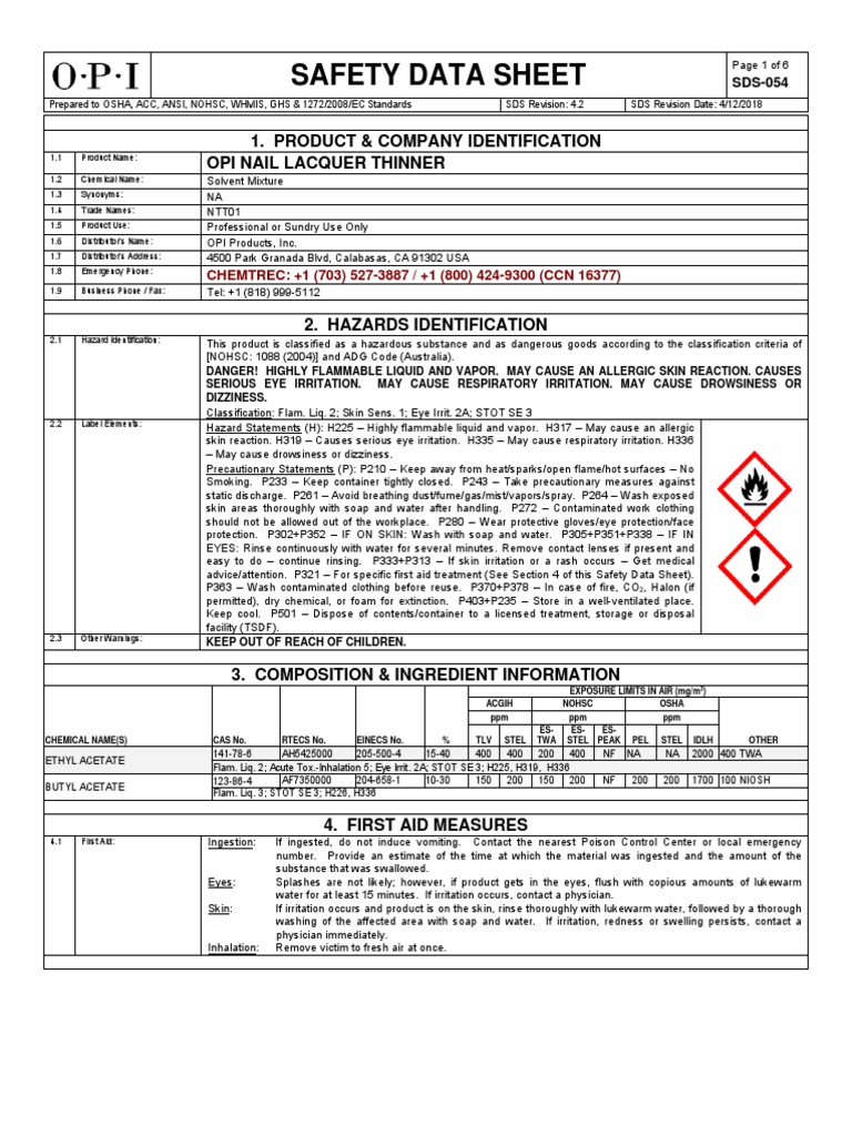Safety Data Sheet 1. Product & Company Identification Opi Nail Lacquer Thinner PDF Sodium