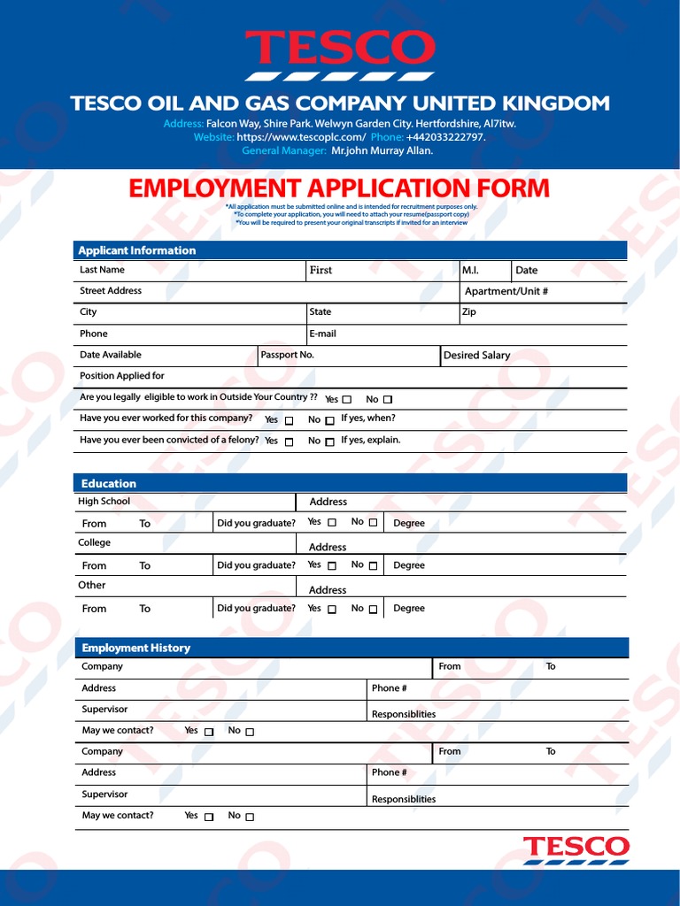 Tesco Oil and Gas Company United Kingdom Job Offer Application Form. | PDF  | Government | Labour