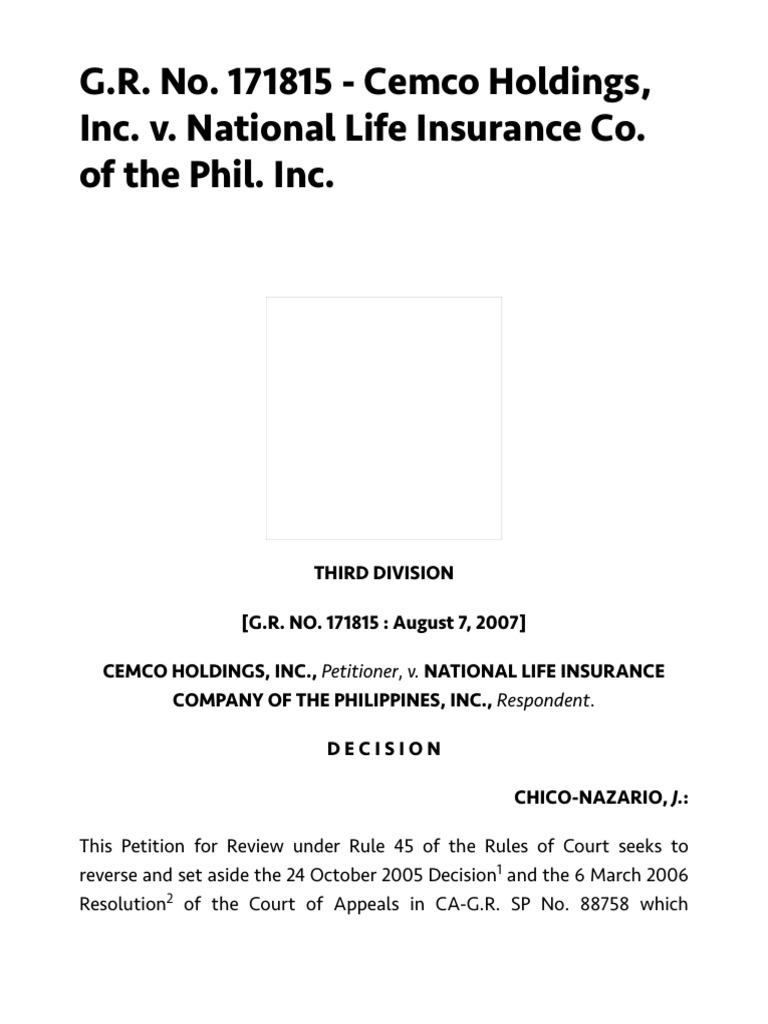 G.R. No. 171815 Cemco Holdings, Inc. v. National Life Insurance Co