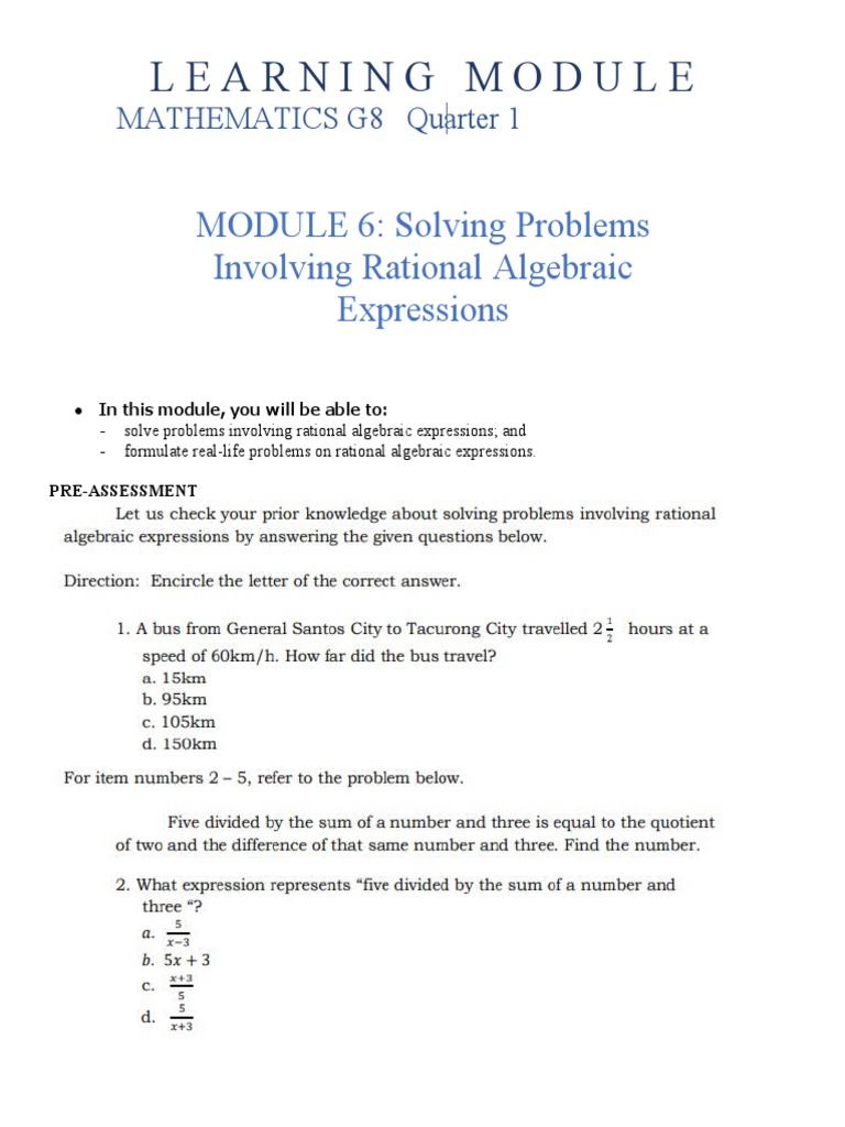 Learning Module: MODULE 6: Solving Problems Involving Rational ...