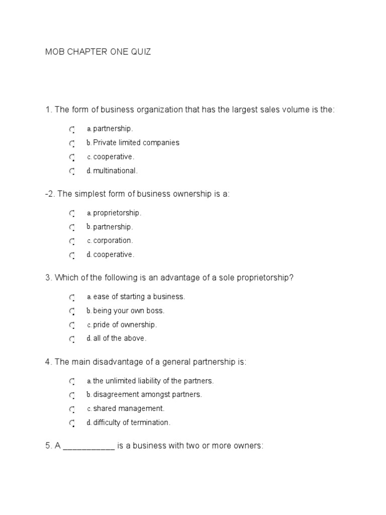 Quiz PDF Partnership Sole Proprietorship