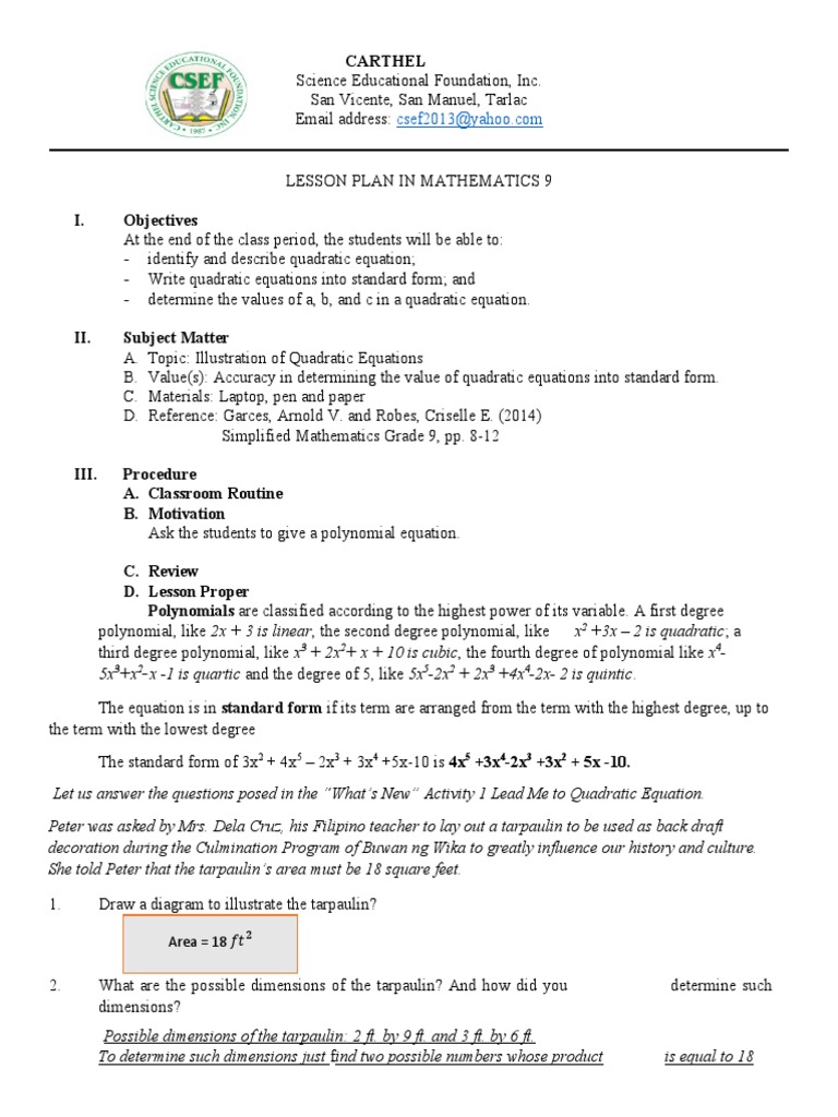G9 Lesson Plan | Download Free PDF | Area | Equations