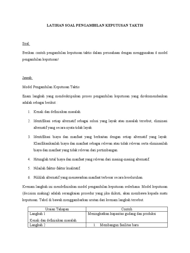 Contoh Soal Pengambilan Keputusan Taktis Dan Penyelesaiannya