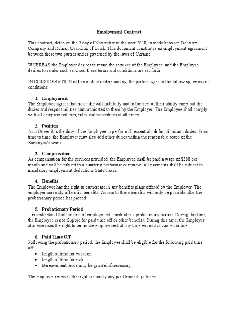Employment Contract for Driver Position | PDF | Employment | Government