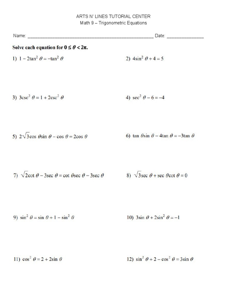 Arts N' Lines Tutorial Center Math 9 - Trigonometric Equations Name ...