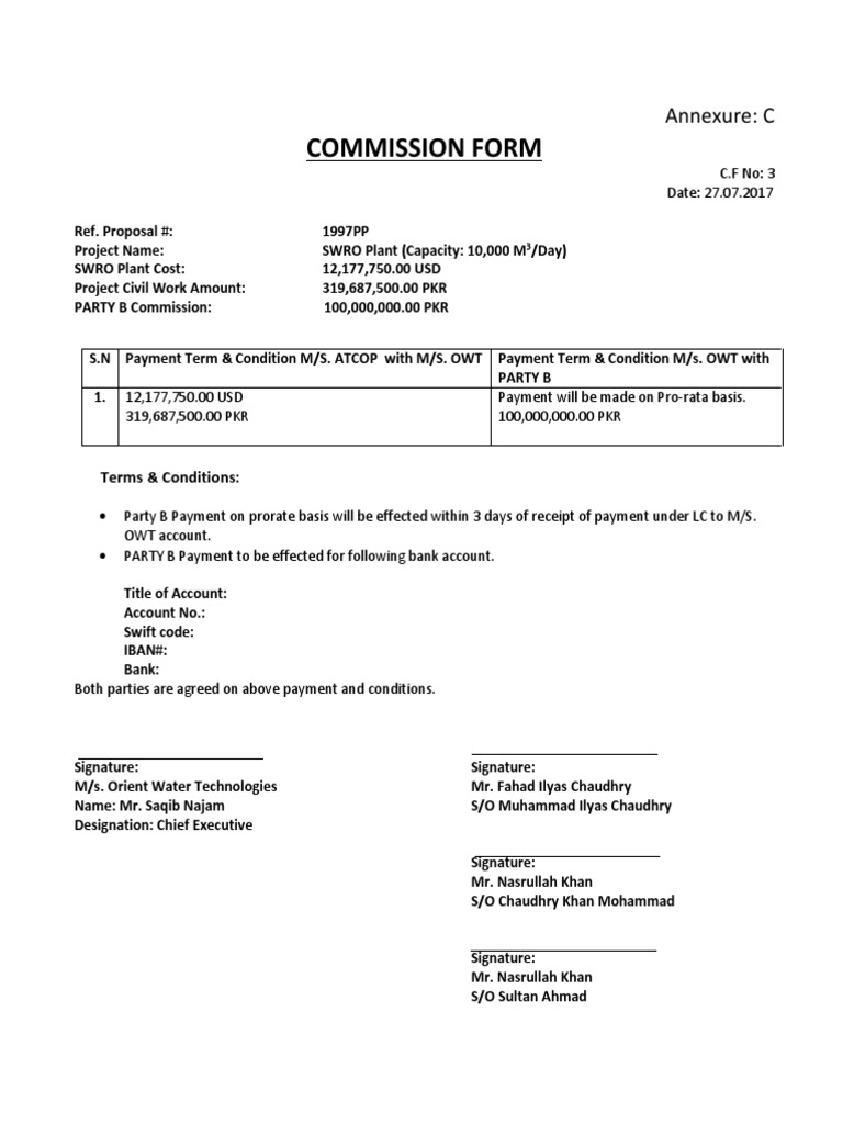 SWRO Plant Commission Agreement Details | PDF