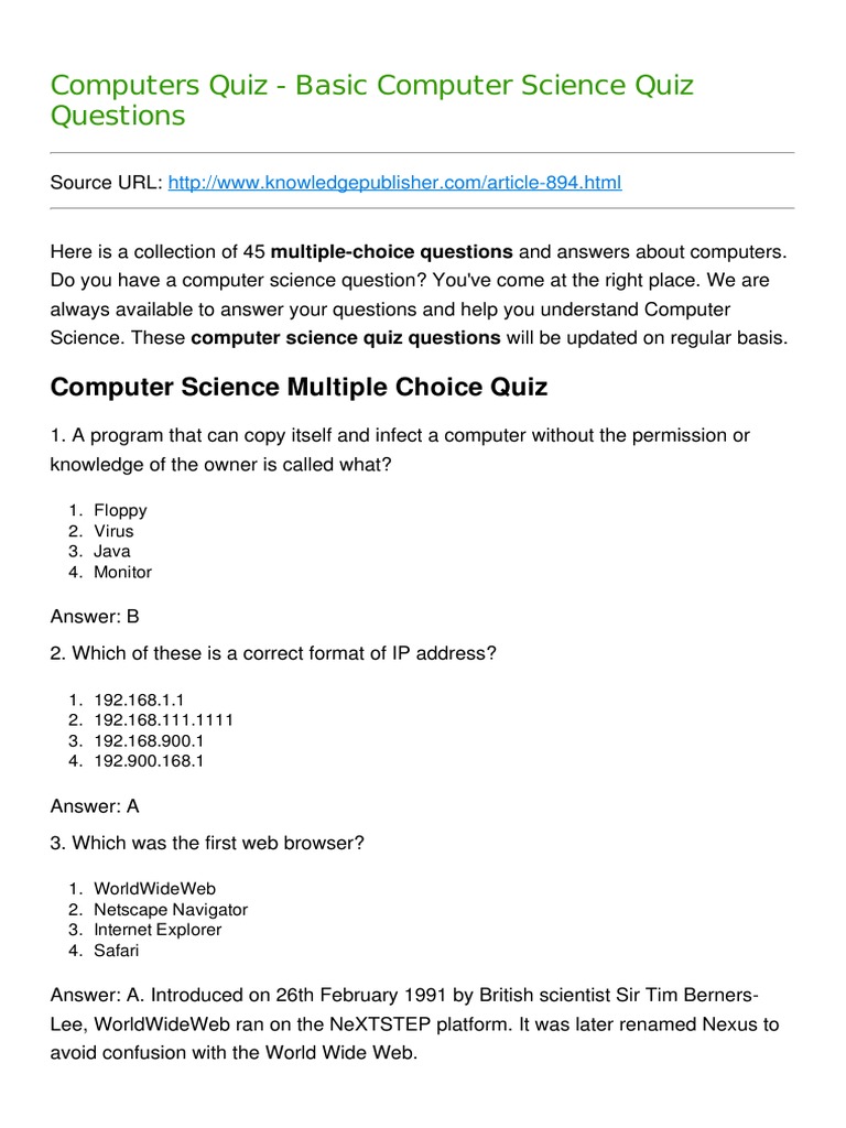 Computers Quiz - Basic Computer Science Quiz Questions | PDF | World ...