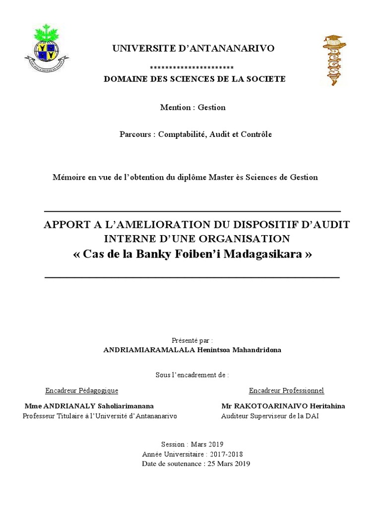 Page De Garde Cahier Du Jour Bcm Mémoire | PDF | Audit interne | Audit