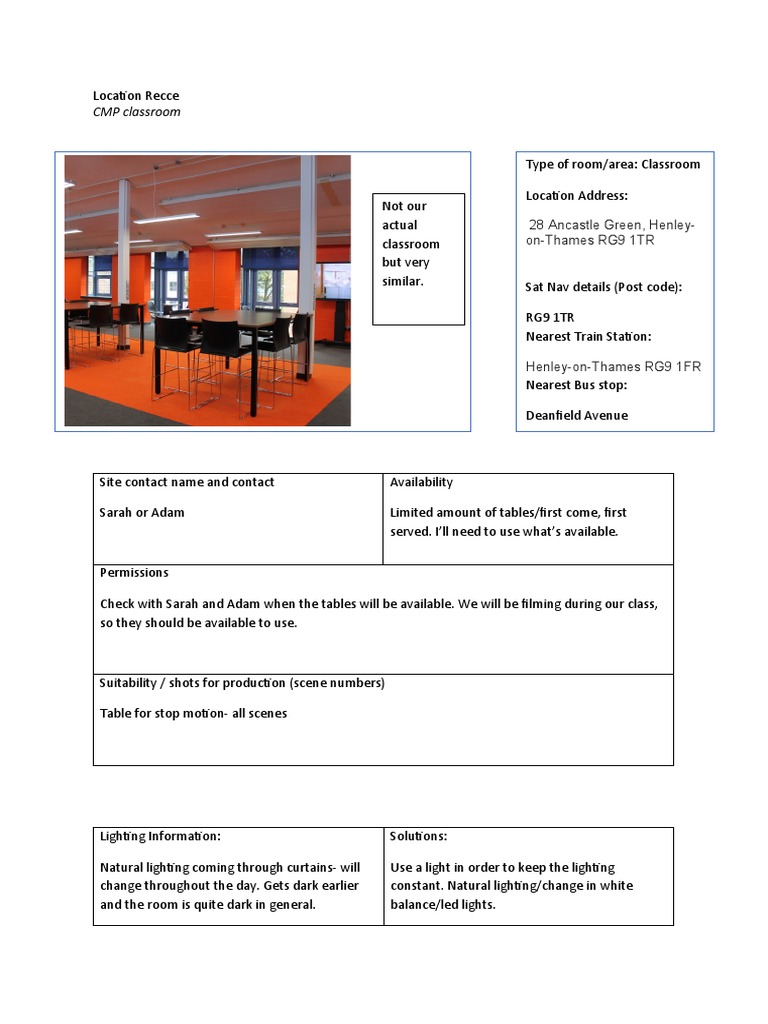 Classroom Filming Location Recce Guide | PDF | Classroom | Lighting
