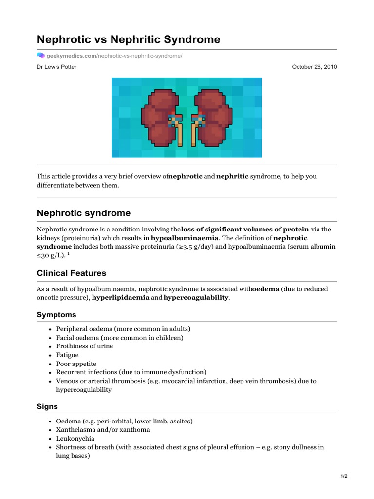 Nephrotic vs Nephritic Syndrome Overview | PDF | Edema | Medical ...