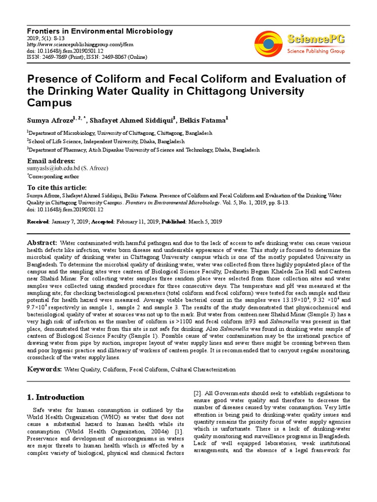 Presence of Coliform and Fecal Coliform and Evaluation of The Drinking ...
