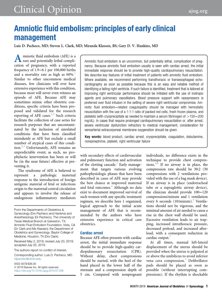 Management of Amniotic Fluid Embolism | PDF | Cardiopulmonary ...