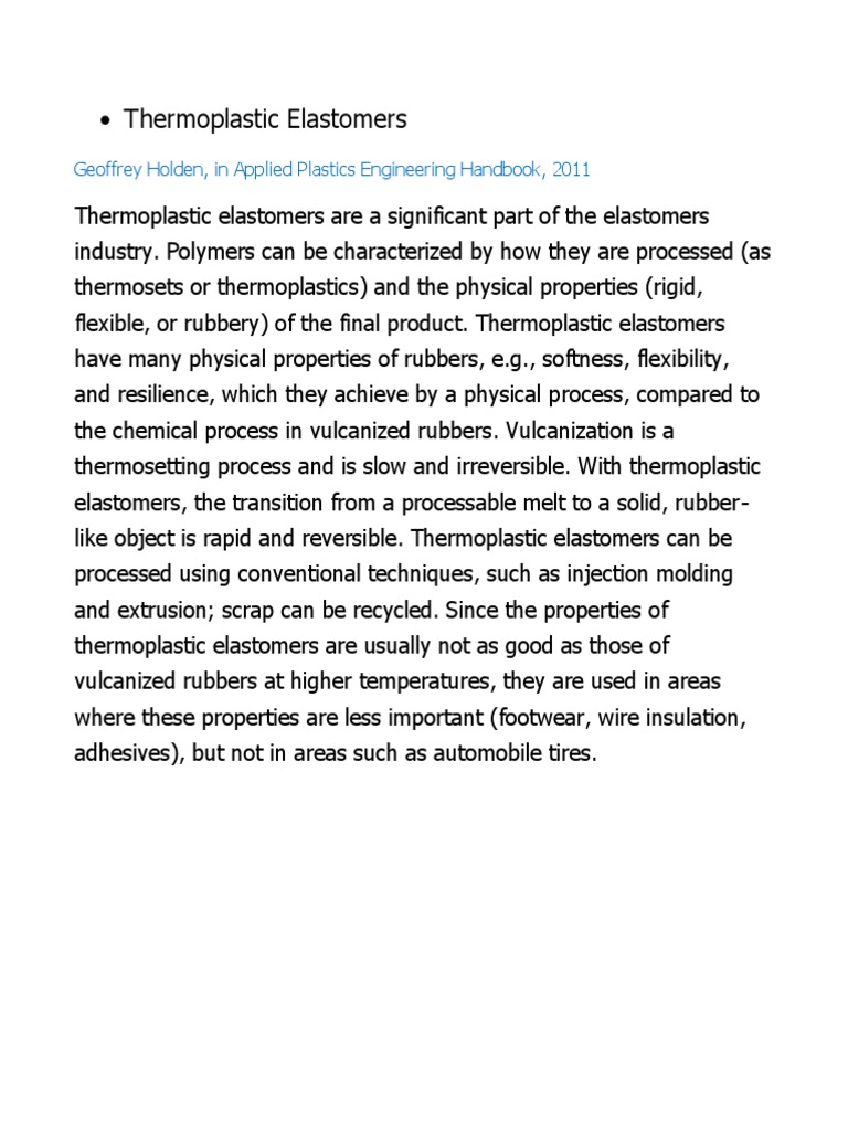 Thermoplastic Elastomers Geoffrey Holden, in Applied Plastics