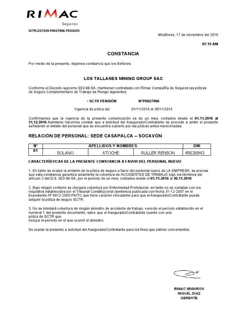 Constancia de SCTR Rímac para Personal | PDF