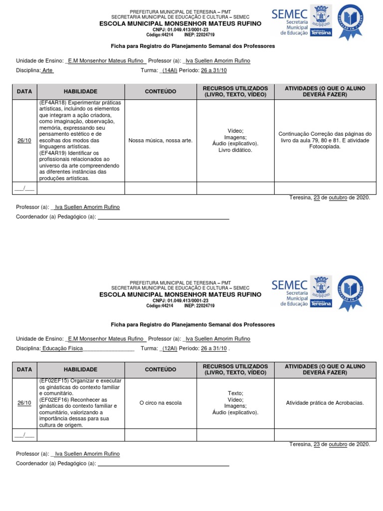 Planejamento Semanal de Aulas | PDF | Pedagogia | Imagem