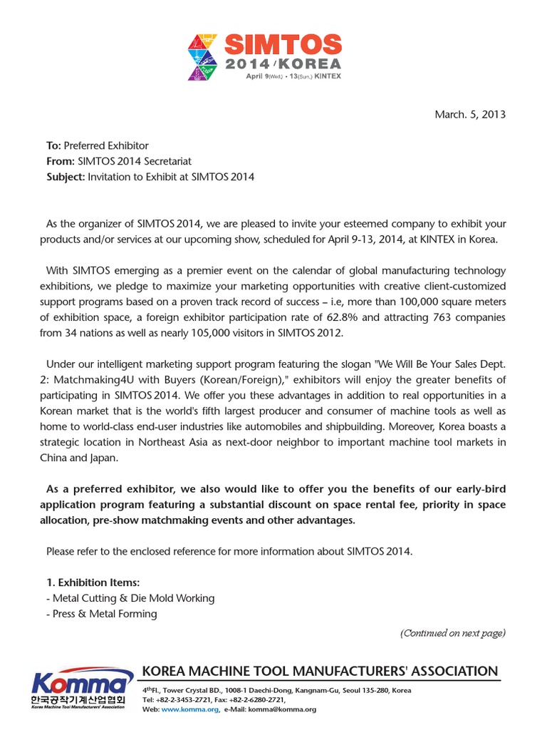 Korea Machine Tool Manufacturers' Association (Continued On Next Page