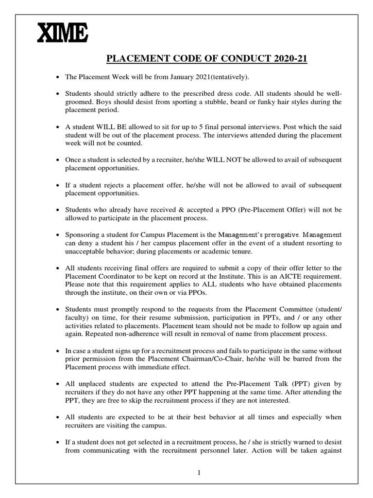 Placement Code of Conduct 2020-21 | PDF | Government | Social Institutions