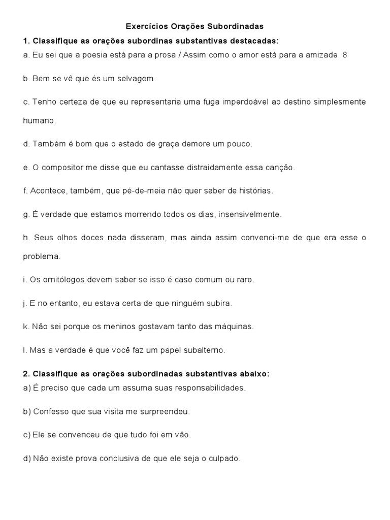Exercícios Orações Subordinadas Substantivas | PDF