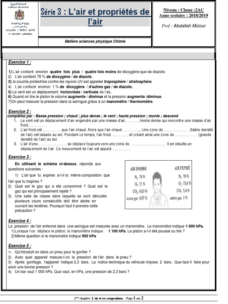 Lair Qui Nous Entoure 4ème Exercices Corrigés Quelques Proprietes de L Air Et Ses Constituants Exercices Non Corriges 3 |  PDF | Atmosphère de la Terre | mesure de pression