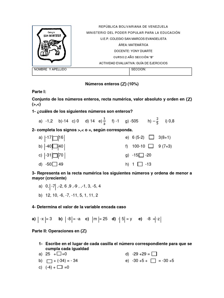 Guía de Ejercicios de Matemáticas 2º Año | PDF | Entero | División ...