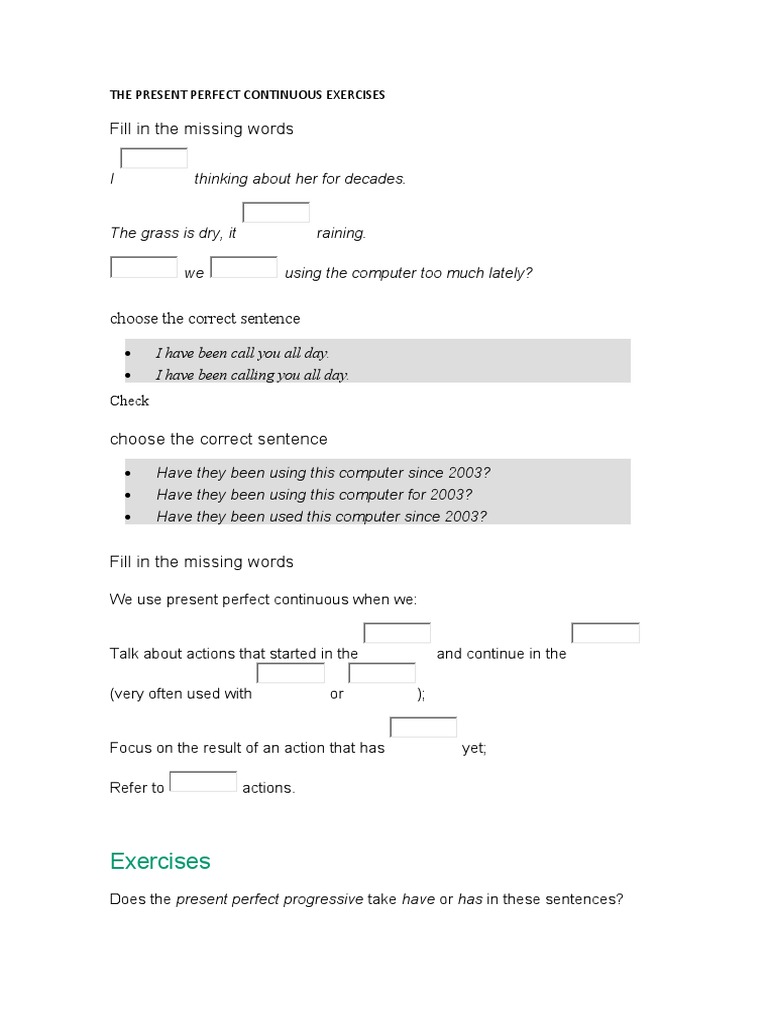The Present Perfect Continuous Exercises | PDF | Grammar | Language ...