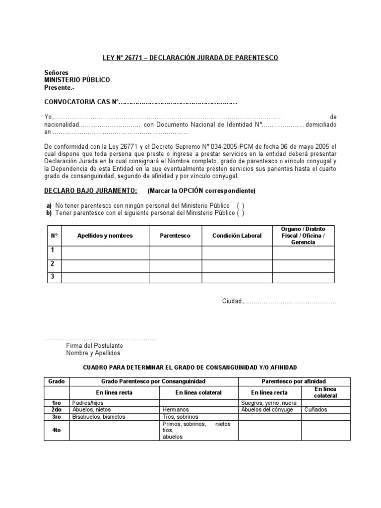 Declaración Jurada de Parentesco | PDF