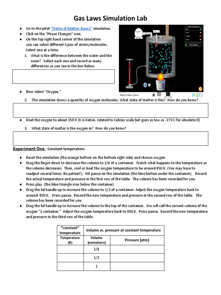 Gas Laws Simulation Lab PDF Temperature Gases