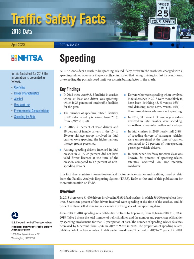 NHTSA SPEEDING Traffic Safety Fact Sheet PDF Traffic Collision
