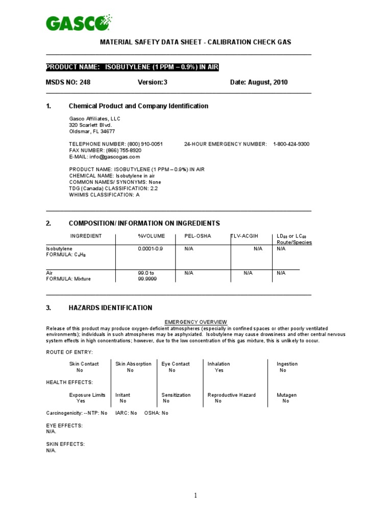 Material Safety Data Sheet for Isobutylene Calibration Check Gas PDF