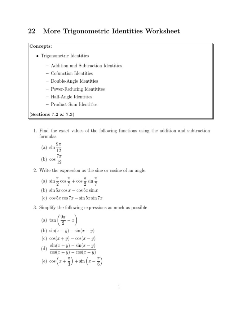 Trigonometry Worksheet | PDF | Trigonometric Functions | Sine